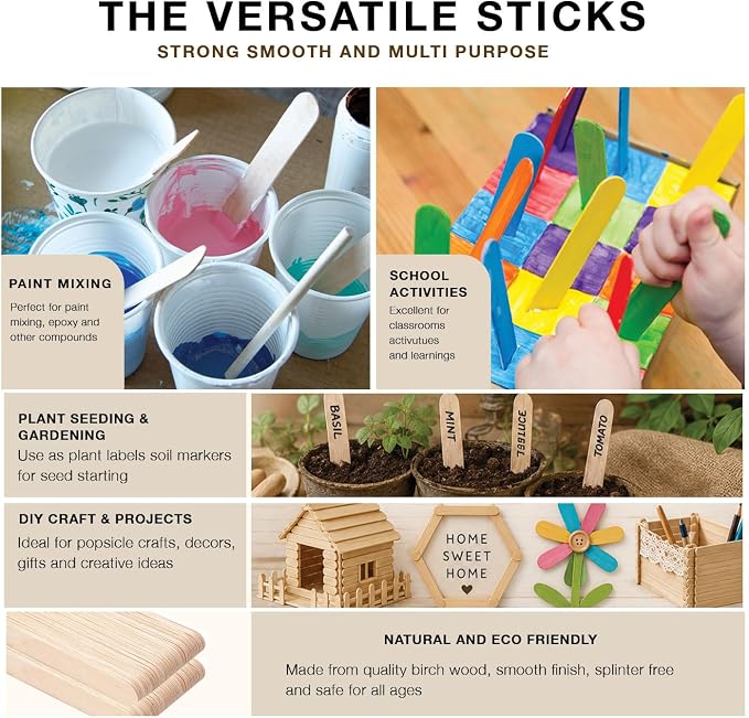 Apremont 500 Piece Large Jumbo Wooden Craft Sticks (6" x 3/4"), Premium Natural Organic Wood for Waxing, Craft Project, Tongue Depressor, Popsicle, Ice Cream Stick,Woodcraft, Paint Stirrer and Art