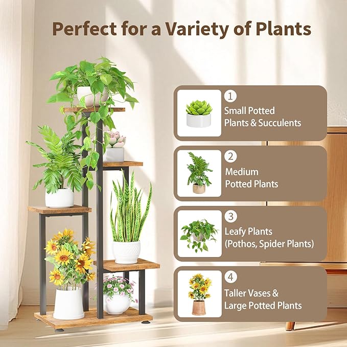 LASZOLA Black 5 Tiered Wood Plant Stand Indoor for Large Heavy Duty Planter, Sturdy Multi Level Corner Vertical Flower Rack for Narrow House, Rustic Tall Orchid Shelving Holder for Decor, Space Saving