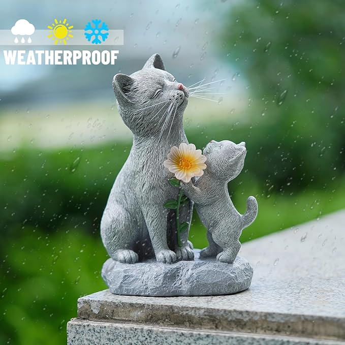 Solar Cat Garden Statue Outdoor Decor - Mother & Kitten Figurines with Flower LED Light, Outside Yard Art Patio Balcony Lawn Ornament, Unique Gifts for Cat Lover