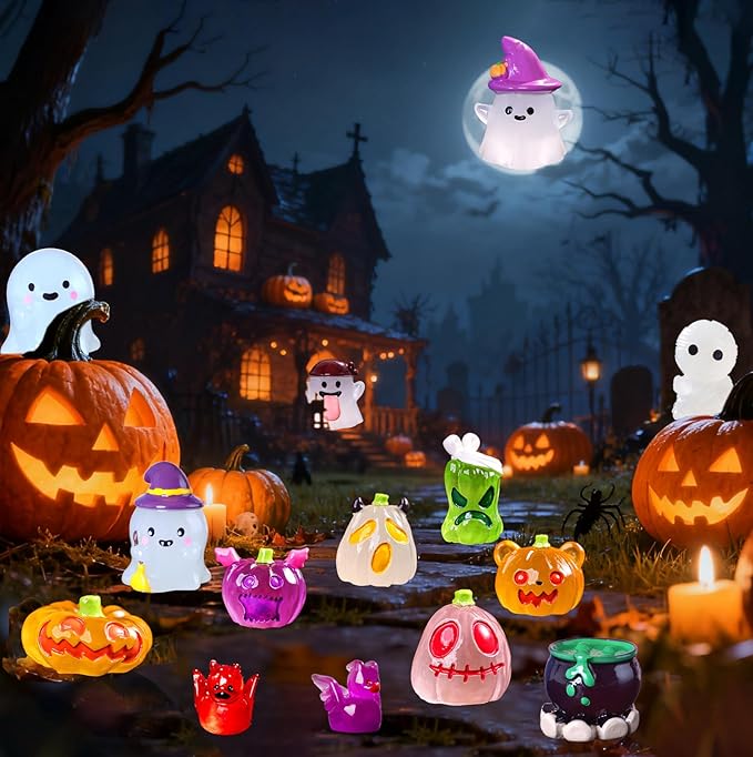Mini Halloween Figurines 30 PCS, Luminous Halloween Miniatures Bulk for Decor, Mini Resin Animals Variety Pack to Hide, Pumpkin Ghost Owl for Party Favors Bag Fillers Garden Decor, Gifts