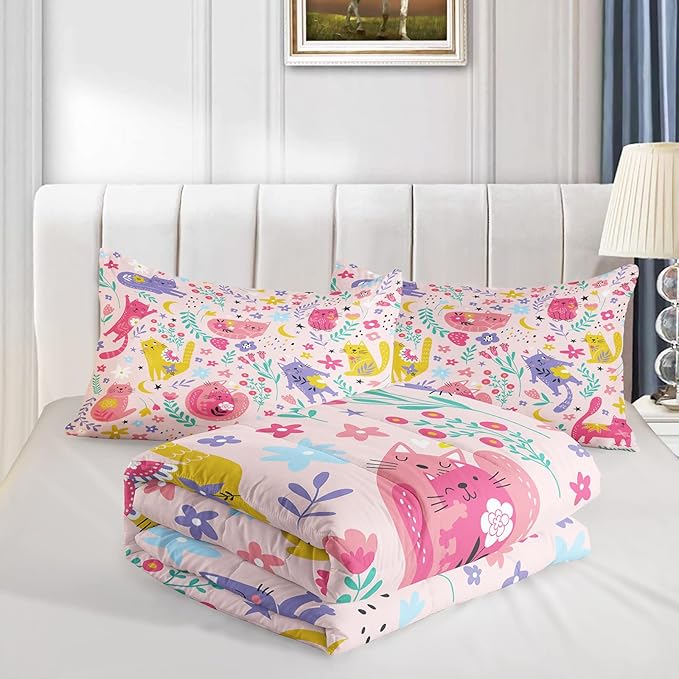 Floral Cat Comforter Twin Size,Pink Cat Comforter Set for Kids Teens Girls,3Pcs Bedding Set Printed Comforter with 2 Pillowcases,Down Alternative,Soft and Lightweight(Pink，Twin Size)
