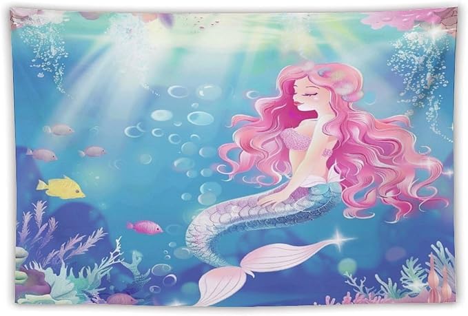 HZOHNAGO Mermaid Girls Tapestry Watercolor Mermaid Princess Pink Hair Pattern for Kids Room Decoration Printed Wall Tapestry Wall Hanging for Bedroom Living Room Dorm 60" W x 40" H