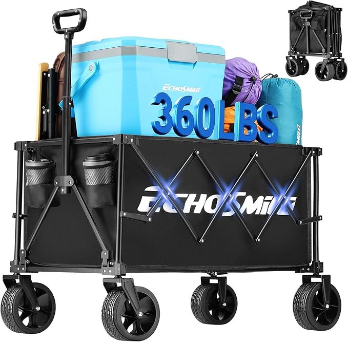EchoSmile Collapsible Folding Wagon Cart 360lbs, Heavy Duty Garden Utility Cart with All Terrain Wheels, Large Capacity Outdoor Wagon for Camping, Beach, Shopping, Picnic (Black)
