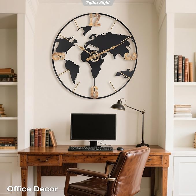 30 Inch Large Modern Decorative Metal World Map Wall Clocks Giant Extra Vintage Gold Arabic Numeral Oversized Wall Clock for Living Room,Office,Dining Room,Entryway,Fireplace