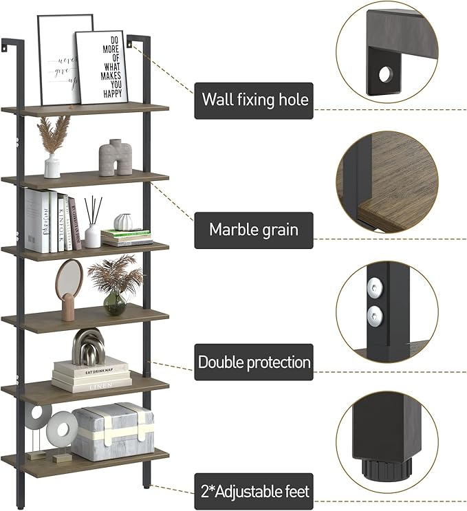 Ladder Shelf Black 6 Tiers Modern Bookshelf Room Organizer Open Tall Wall Mount Bookcase Standing Leaning Wall Shelves Industrial Decorative Living Room Bed Room