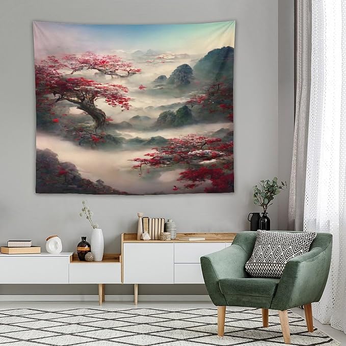 Japanese Tapestry, Red Plum Cherry Blossom Mountain Tapestry, Asian Japanese Wall Tapestry, Nature Landscape Tapestries for Bedroom Living Room Decor 60"x50"
