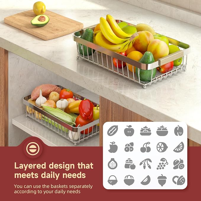 2-Tier Fruit Basket with Banana Hangers, Detachable Metal Bowl | Wooden handle, protective mats included. Versatile holder for bread, snacks, and veggies. Extra Large 2 tier metal design.