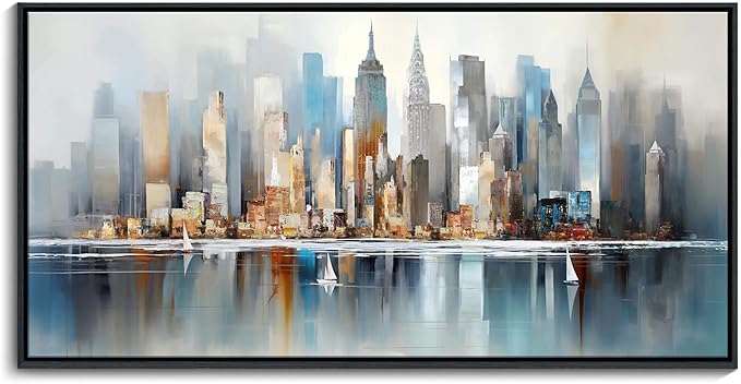 DUNHUANG ART Modern New York City Skyline Wall Art - Abstract Colorful Manhattan Sky Painting for Home & Office Decor - Large Framed Cityscape Picture 24"x48"