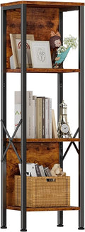 Furologee 4 Tier Small Bookshelf with Back, Short Narrow Bookcase with Shelves, Industrial Freestanding Shelf Units, Metal and Wooden Display Storage Rack for Bedroom, Living Room, Office, Entryway