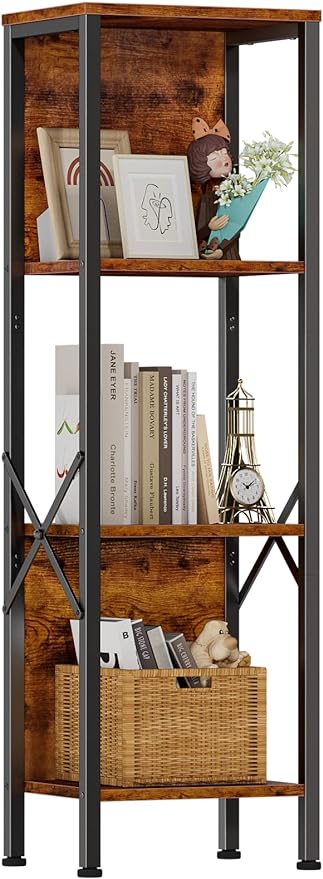 Furologee 4 Tier Small Bookshelf with Back, Short Narrow Bookcase with Shelves, Industrial Freestanding Shelf Units, Metal and Wooden Display Storage Rack for Bedroom, Living Room, Office, Entryway