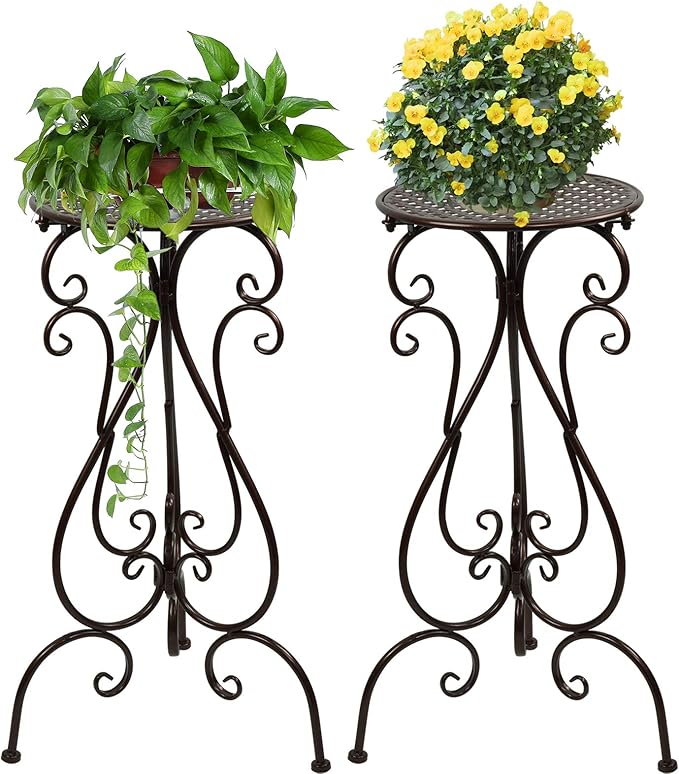 2 Pack Plant Stands Indoor Outdoor, Metal Flower Pot Holder 22.5 inch Tall, Heavy Duty Pedestal Plants Stand for Patio Garden Porch Corner Balcony, Brown