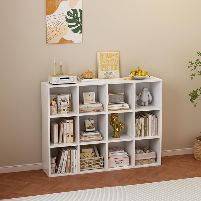 12-Cube Storage Shelf Bookcase - Wooden 3-Tier Floor Standing Open Bookshelf for Home and Office, Display Cabinet, Warm White