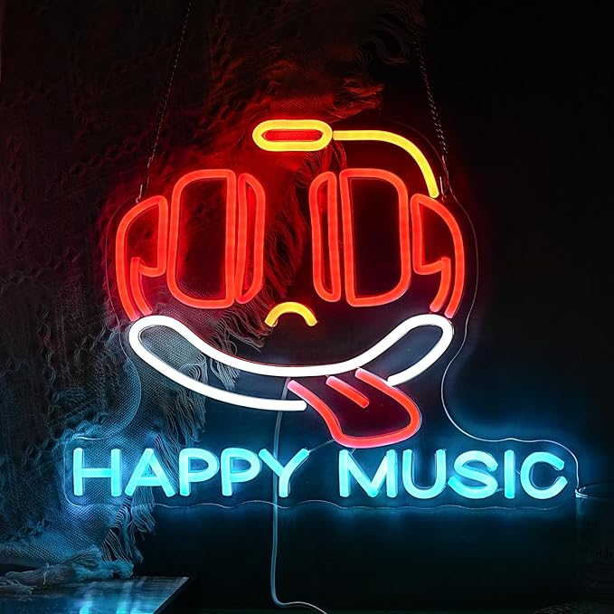 Headphone Neon Sign Dimmable Led Happy Music Neon Light for Wall Decor USB Cute Headset Figure Neon Light Sign for Music Studio Bar Live Music Party Bedroom
