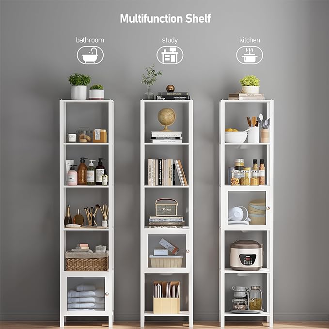 TUTOTAK 6 Tier Bookcase and Bookshelf, Narrow Book shelf with Door for Small Space, for Living Room, Office, Study, Entryway, White BS03BW006