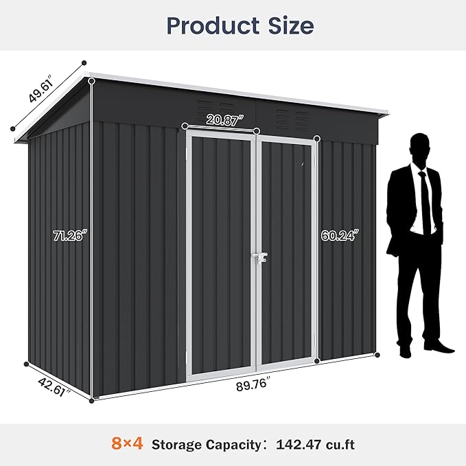 UDPATIO Outdoor Storage Shed 8x4 FT, Outside Sheds & Outdoor Storage Metal Galvanized Steel Yard, Patio, Lawn, Tool Shed with Lockable Door for Can, Bike, Lawnmower,Dark Grey