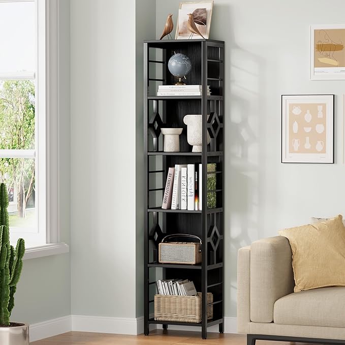 YITAHOME Narrow Bookshelf, 5-Tier Industrial Book Shelf Storage Rack, Display Shelves Stand Etagere for Small Spaces, Open Bookcase for Bedroom Living Room Bathroom Kitchen, Black