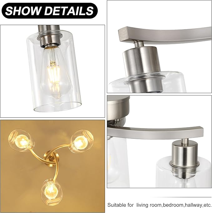 3-Light Brushed Nickel Pendant Lighting for Kitchen Island, Hanging Dining Room Light Fixtures Over Table, Industrial Chandelier for Entryway Hallway Foyer Bedroom, Clear Glass Shade