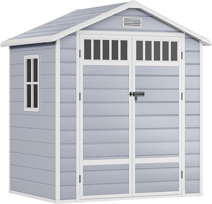 DWVO 6x4.4 FT Resin Storage Shed with Fence-Style and Side Windows, Lockable Door, and Vents for Garden, Backyard, Patio, Lawn, Gray
