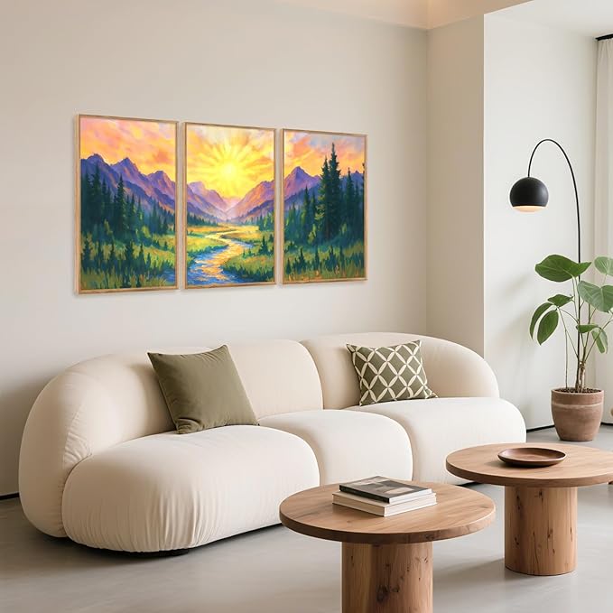 HPNIUB Vintage Mountain Framed Canvas Wall Art Set, Boho Sunrise Art Prints, Forest Nature Wilderness Art Paintings, Modern Farmhouse Pine Tree Wall Decor for Living Room Bedroom, Office- 16"x24"x3