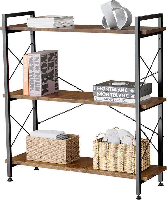 Industrial Bookshelf,Rustic Open Shelf Bookcase,3 Tier Book Shelf for Bedroom Office Living Room,Small Bookshelf for Small Spaces with Metal Frame