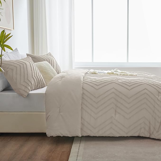 CozyLux Twin/Twin XL Size Comforter Set Beige - 1 Pieces Boho Tufted Shabby Chic Bedding Comforter Set for All Seasons, Chevron Bedding Sets with Comforter & 1 Pillow Shams