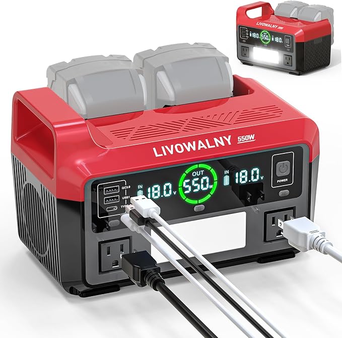550W Power Station Compatible with Milwaukee: LIVOWALNY Portable Generator DC 18V to AC 110V, Pure Sine Wave Power Inverter Battery Adapter Phone Charger 2 USB-A & 1 Type-C & 2 AC Outlet (Tool Only)