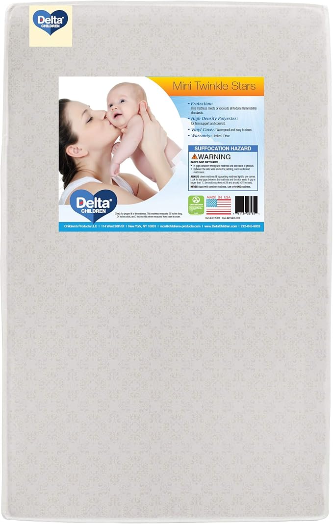 Delta Children Emery Mini Convertible Baby Crib & Twinkle Stars 3-Inch Waterproof Mini Crib Mattress, Dark Chocolate