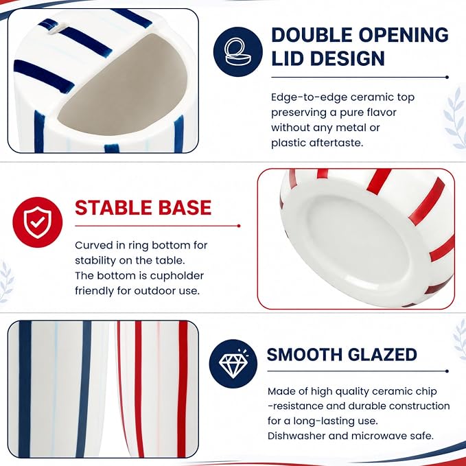 2 Pcs Ceramic Mug with Sip Hole 10 oz Deep Blue Red Striped Ceramic Coffee Mug Hand Painted Travel Mugs Heat Resistant Non Slip Built in One Lid Mugs for Coffee Lovers Appreciation Gift