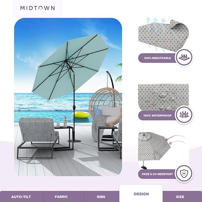Midtown Umbrellas Sunbrella Umbrella 9 Feet Outdoor Umbrella With Infused Gem Acrylic Fabric - Auto-Tilt Aluminum Frame Patio Umbrella For Backyard, Deck, Garden, Pool - Black Pole