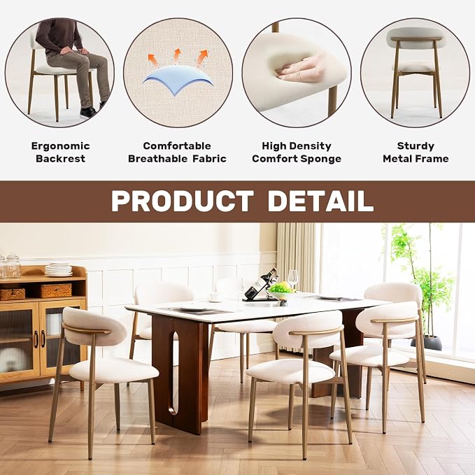 UVV Dining Chairs Set of 8, Metal Kitchen Chairs with Modern Fabric Upholstered for Dining Room, Beige