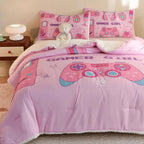 Video Game Queen Size Comforter Set for Girls Kids Teens 3D Gaming Controller Pattern Gamepad Print Bedding Set- 3 Piece Pink Quilt with 2 Pillowcases (90"x90")