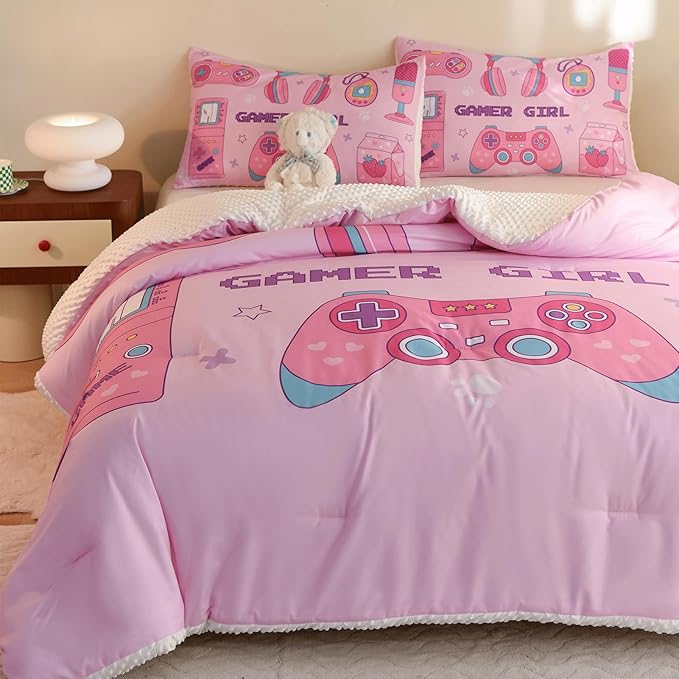 Video Game Queen Size Comforter Set for Girls Kids Teens 3D Gaming Controller Pattern Gamepad Print Bedding Set- 3 Piece Pink Quilt with 2 Pillowcases (90"x90")