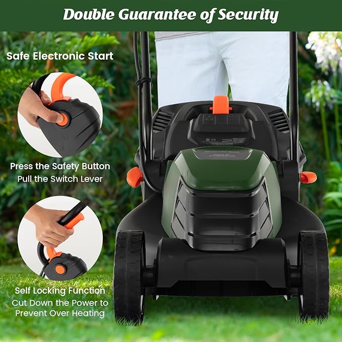 S AFSTAR Electric Corded Lawn Mower, 12-AMP 14-Inch Walk-Behind Lawnmower with Collection Box, 3 Adjustable Height Position, Self Locking Function, Push Lawn Mower for Backyard Patio