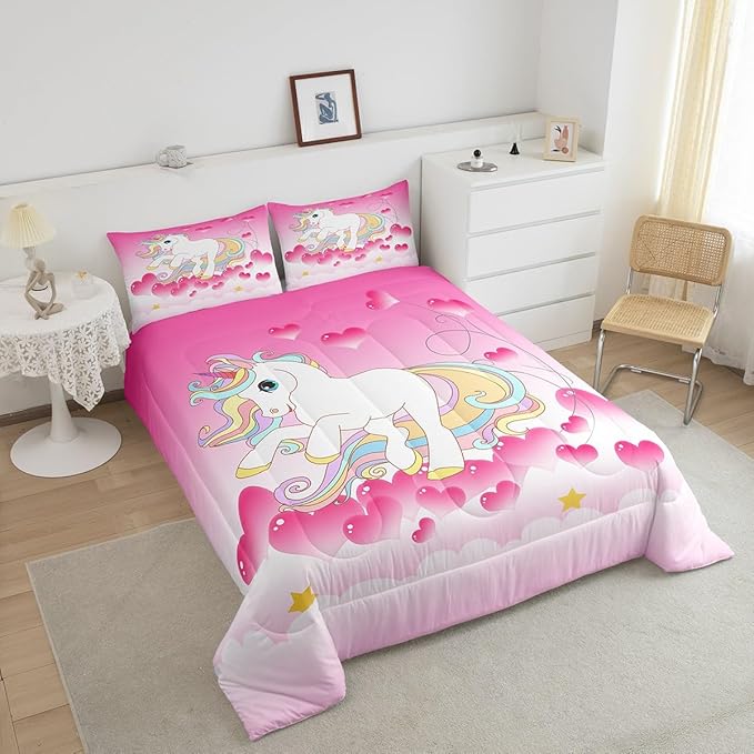 Girls Unicorn Comforter Set Twin Girly Fantasy Rainbow Unicorn Bedding Set for Kids Little Girls, Pink Love Heart Duvet Sets Dreamy Horse Cartoon Magical Animal Down Comforter with 1 Pillowcase