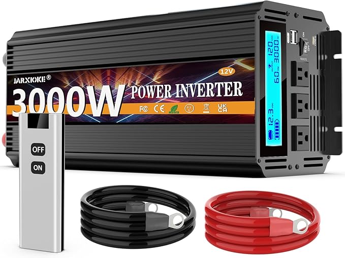 3000W Power Inverter 12V DC to AC 110V/120V (Peak) 6000W Converter 3 sockets car Inverter with Remote Control and LED Display 3.4A USB Port