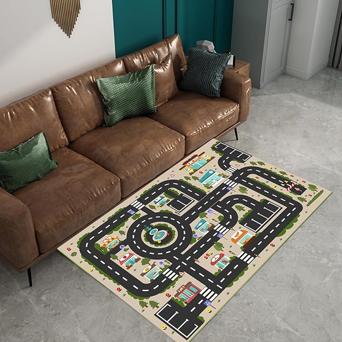 Analog ABC Kids Rug Playroom Car Rug Play Mat City Life Road Rug for Cars Fun City Map for Carpet for Bedroom Boys (55 * 82 inches, Evening City)