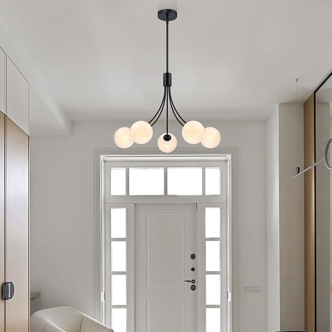 Bubble Chandelier, Modern Sputnik Dining Room 5-Light Chandelier with Black Finish and Glass Globes for Kitchen Bedroom Foyer and Living Room