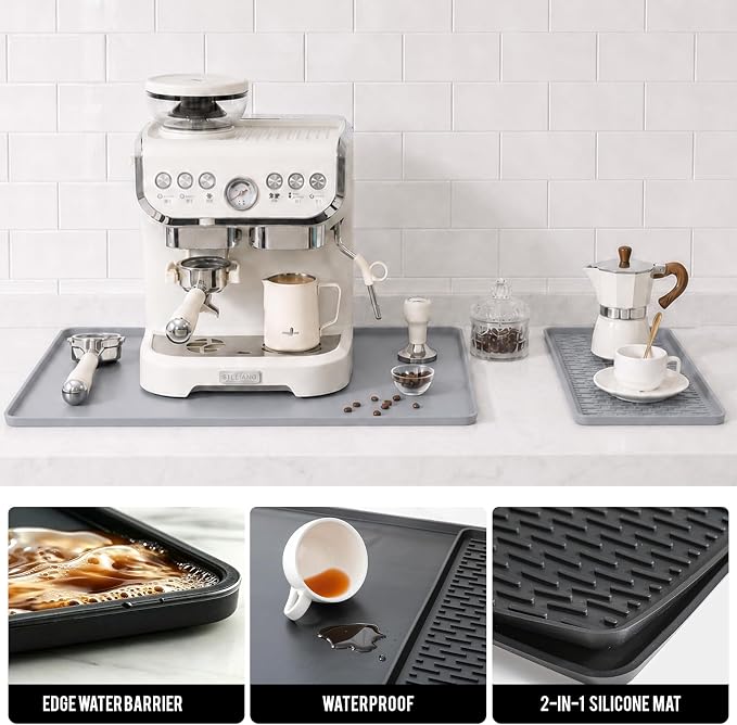 Caketime 2 In 1 Silicone Coffee Bar Mat Accessories for Keurig Coffee Maker pot with Detachable Dish Drying Rug Kitchen Counter Under Sink Drainer Necessities Rome Decor 16"x16" Light Gray