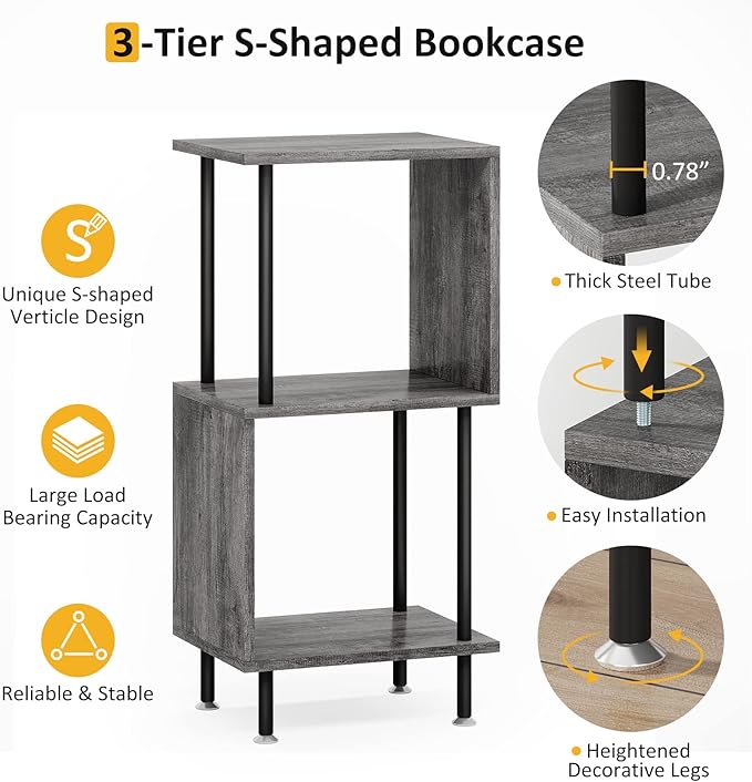 3 Tier Modern Bookshelf, S-Shaped Bookcase,Small Book Shelf for Small Spaces, Unique Bookshelf for Storage Organizer Living Room Bedroom Home Office, Grey