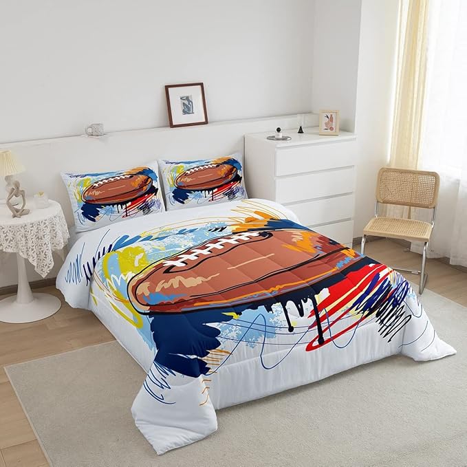 Boys Football Comforter Set Twin Kids Teen Sports Bedding Set Bedroom Decor,Watercolor Tie Dye Hand Drawn Graffiti Football Bedding Comforter Sets Rugby Quilt Duvet 1 Pillow Case Colorful Brown