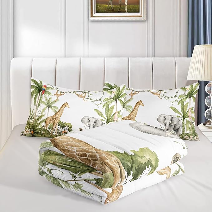 Elephant Giraffe Monkeys Comforter Twin Size,Wild Animals Kids Comforter Set,3Pcs Bedding Set Printed Comforter with 2 Pillowcases,Down Alternative,Soft and Lightweight,for All Seasons