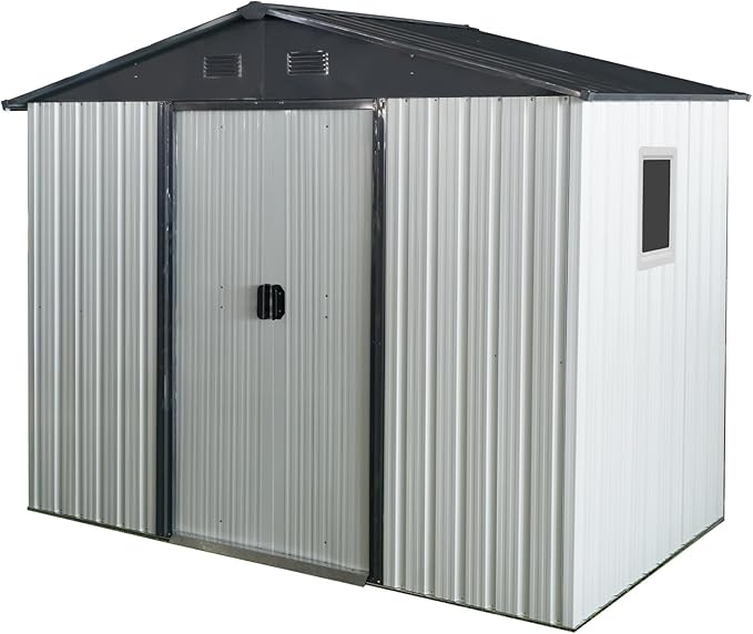 4x8 FT Outdoor Storage Shed, Metal Garden Shed with Frame Floor, Outside Tool Shed with Window, Waterproof Storage Building with Lockable Sliding Doors & Sloped Roof for Backyard, Patio, White+Black