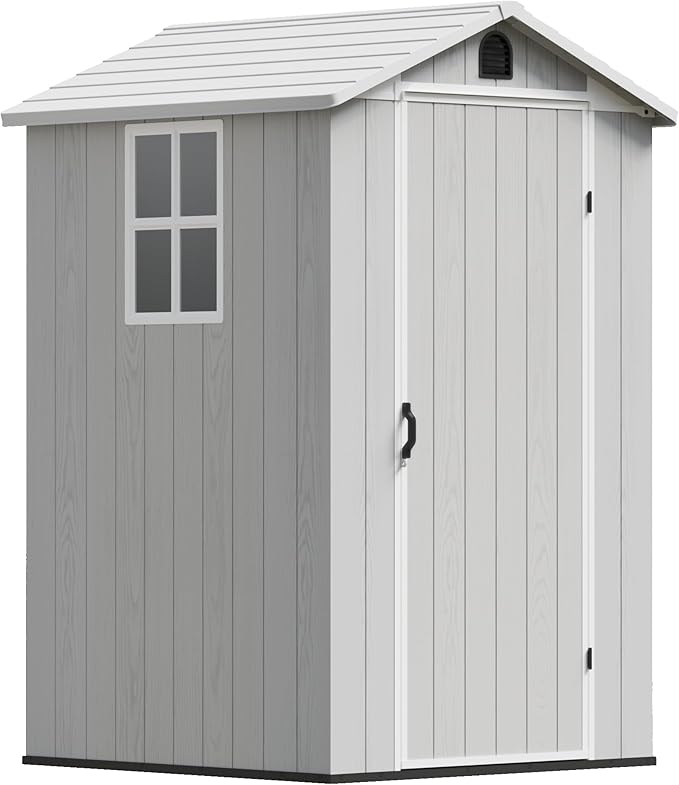 Devoko 4x4 FT Outdoor Shed, Compact & Secure Plastic Resin Storage with Lockable Door, Features Built-in Floor & Window for All-Weather Garden, Patio, and Poolside Organization, Light Gray