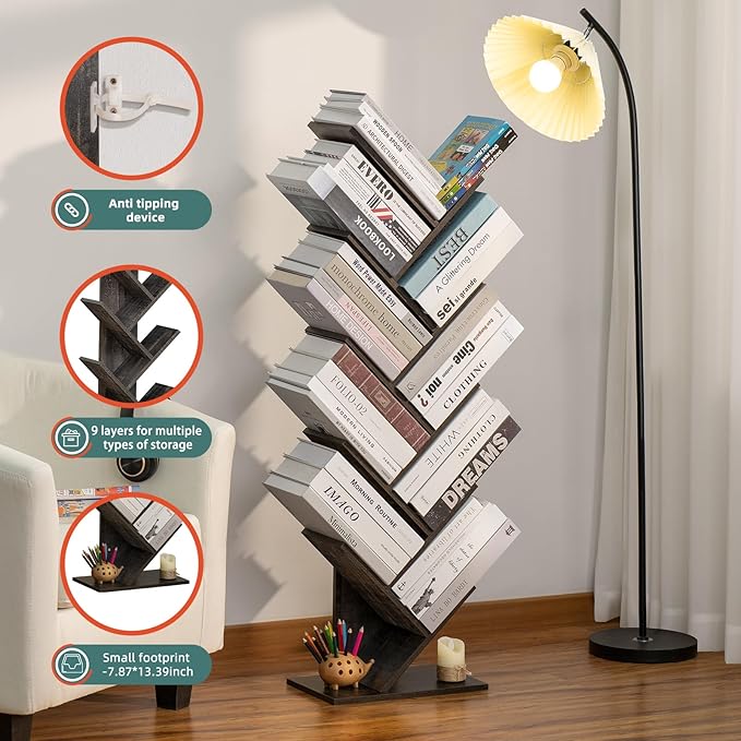 10 Tier Tree Book Shelf, Floor Standing Wood Bookshelf for Narrow Space, Storage Organizer Bookshelves for Books/CDs/Magazine, Bookcase with Shelves for Home Office, Living Room - Dark Grey