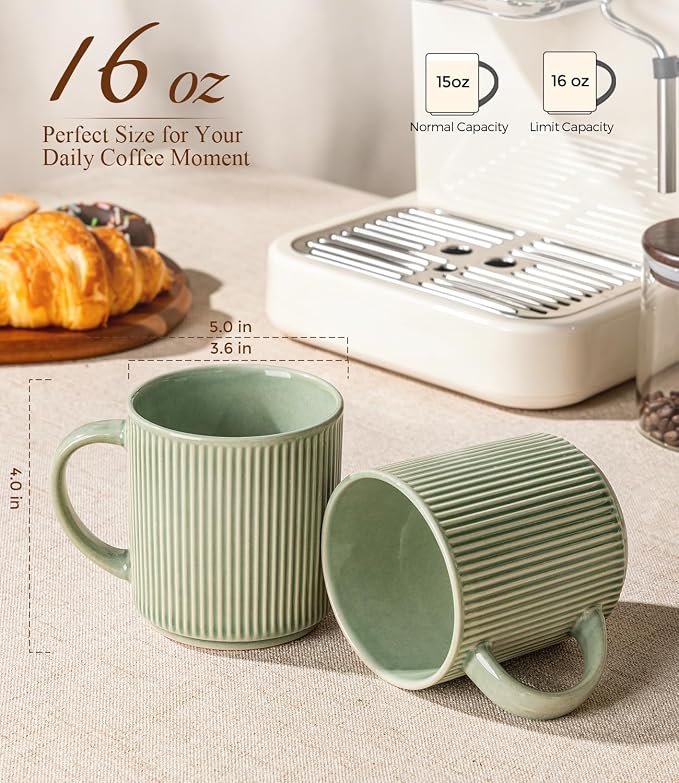 GBhome Coffee Mugs Set of 6，16 oz Coffee Cups with Handle | Cups for Latte, Tea, Cocoa & Milk, Ideal for Daily Use & Gifts, Microwave & Dishwasher Safe, Light Green