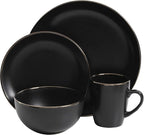 Gibson Home Rockaway 16-Piece Round Stoneware Dinnerware Set, Service for 4 – Black with Gold Rim Plates and Bowls, Microwave & Dishwasher Safe