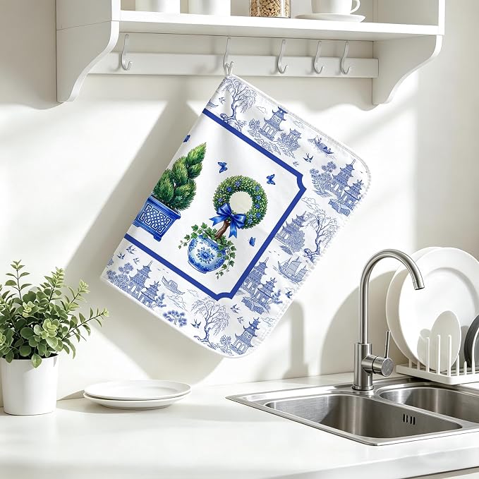 Chinese Blue White Dish Drying Mat for Kitchen Counter Coffee Bar 18x24 in | Chinese Aesthetic Non Slip Absorbent Kitchen Dishes Drainer Mat, with Anti-slip Rubber Backing & Hanging Loop, for Sink