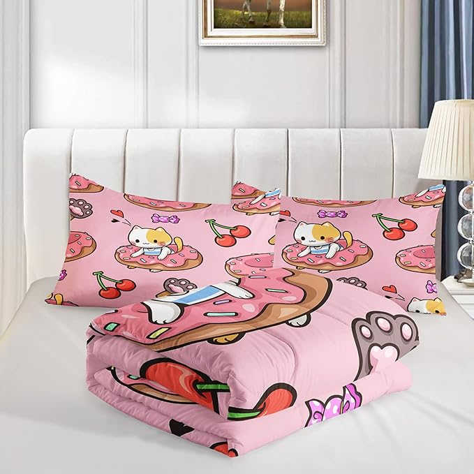 Kawaii Cat Comforter Twin Size,Doughnut Cherry Cat Comforter Set for Kids Teens Girls,3Pcs Bedding Set Printed Comforter with 2 Pillowcases,Soft and Lightweight(Pink，Twin Size)