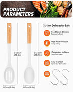 Silicone Cooking Spoons, Great for Scooping Sides and Serving Hearty Stews, BPA-Free Matte Silicone, Wooden Handle Serving Spoon for Nonstick Cooking Surfaces (White)