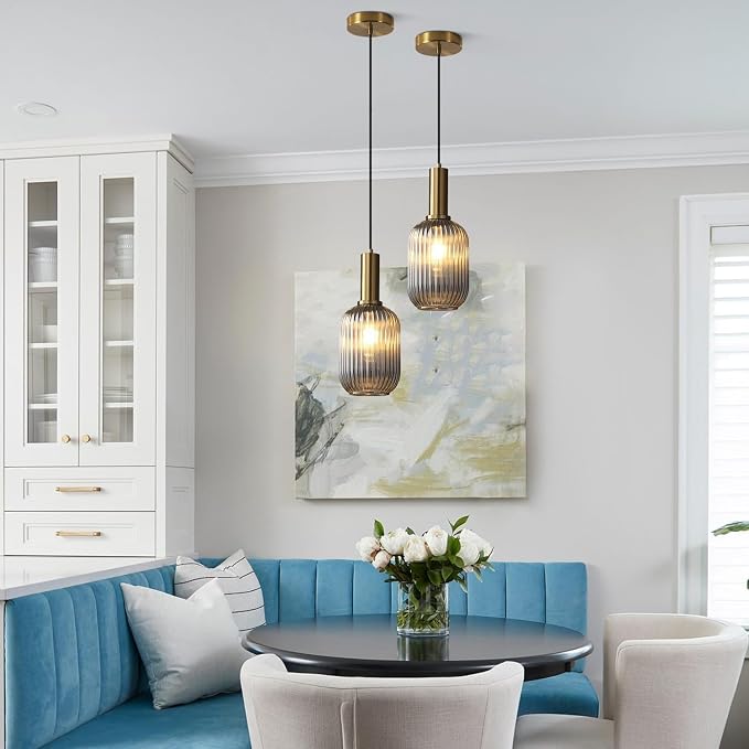 KCO Farmhouse Small 5.1” Smoke Gray Ribbed Cylinder Glass Pendant Light | E26 Bulb Hardwired, Adjustable Cord MCM Vintage Ceiling Hanging Lamp for Sloped Ceiling Kitchen Island Dining Room Bedroom